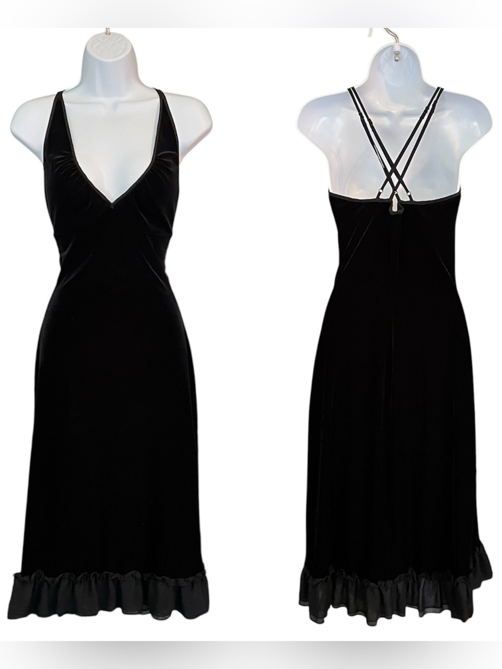 Vintage Betsey Johnson New York Black Velvet & Mesh Ruffle Cross Back Slip Dress